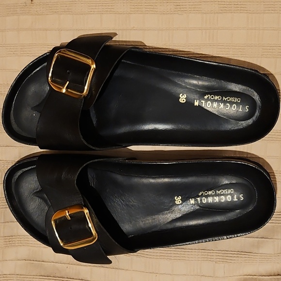 Stockholm Design Group Genuine Leather Black Big Buckle Cork Bed Sandals Size 39 - Picture 1 of 14